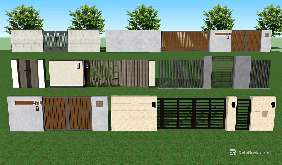 Various Styles Entrance Gates Design With Wooden Metal Walls And Greenery 3d model 