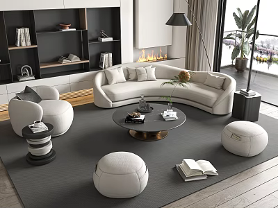 Modern Elegant Curved Sofa and Coffee Table Set with Ottomans Floor Lamp and Fireplace 3d model