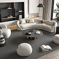 Modern Elegant Curved Sofa and Coffee Table Set with Ottomans Floor Lamp and Fireplace