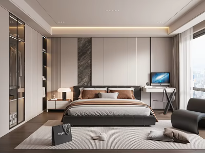 Modern Bedroom Interior With King Size Bed Nightstand Table Lamp TV And Floor-to-ceiling Window 3d model