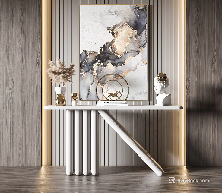 Elegant Luxury Console Table With Abstract Painting Sculpture And Pampas Grass Vase 3d model 