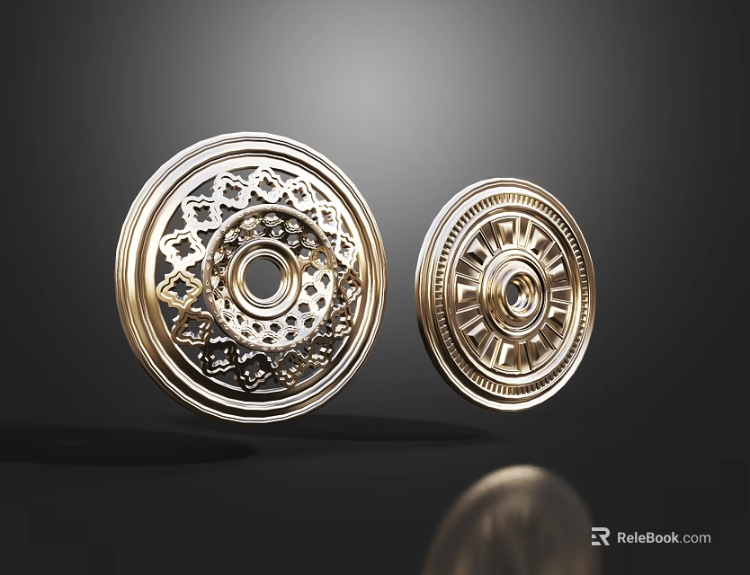 Elegant Golden Circular Carved Ornaments with Intricate Patterns and Shiny Finish 3d model 