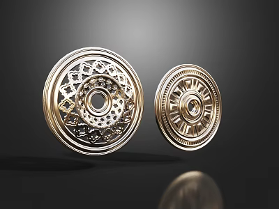 Elegant Golden Circular Carved Ornaments with Intricate Patterns and Shiny Finish 3d model
