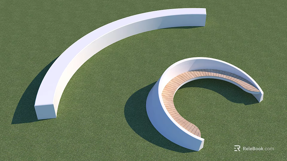 White Curved Structures With Wooden Floor And Green Grass Background 3d model 