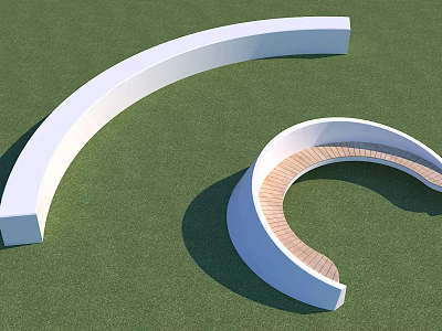 White Curved Structures With Wooden Floor And Green Grass Background 3d model