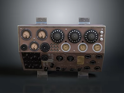Vintage Industrial Metal Control Panel With Knobs Gauges And Buttons 3d model