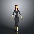 3D Female Character Model With Red Hair And Black Dress Standing Pose