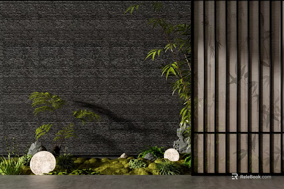 Tranquil Courtyard Garden With Black Wall Green Bamboo Round Stone Lanterns Decorative Stones And Mossy Ground 3d model 