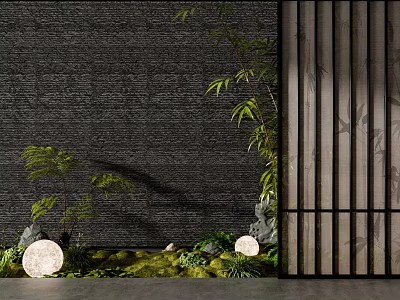 Tranquil Courtyard Garden With Black Wall Green Bamboo Round Stone Lanterns Decorative Stones And Mossy Ground 3d model