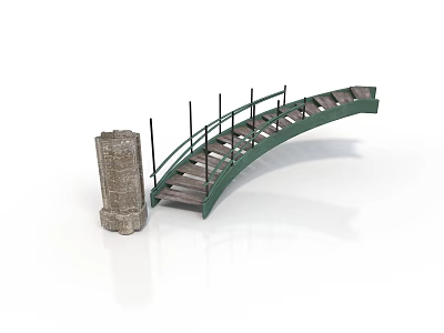 Green Arch Bridge Model with Stone Tower and Wooden Steps Design 3d model
