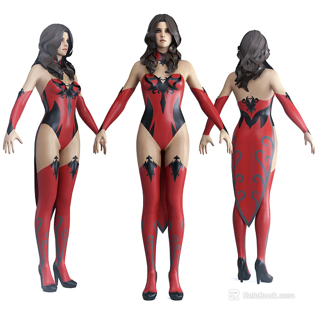 Woman In Red And Black Patterned Bodysuit Three Angles Front Back Side View 3d model