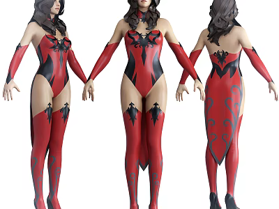 Woman In Red And Black Patterned Bodysuit Three Angles Front Back Side View 3d model