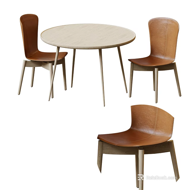 Modern Round Dining Table Set With Leather Chairs And Wooden Frame 3d model