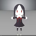 Cute Cartoon Girl Character With Black Long Hair Red Eyes And Open Arms In Dark Background