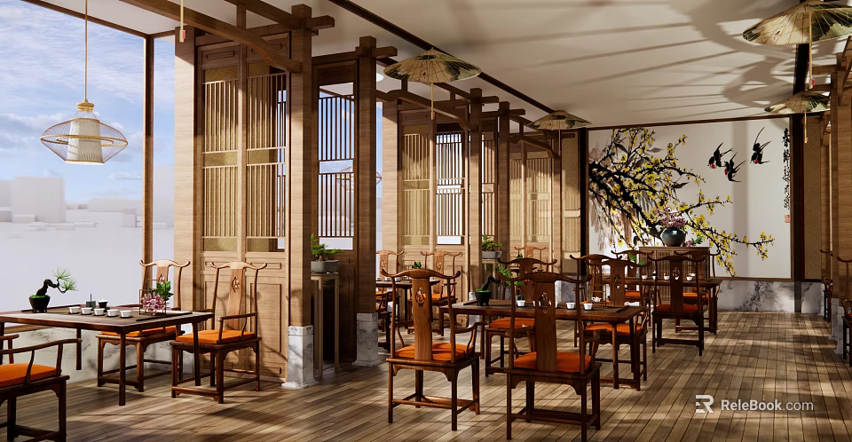Traditional Chinese Restaurant Interior With Wooden Screens And Dining Tables 3d model 
