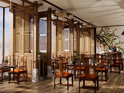 Traditional Chinese Restaurant Interior With Wooden Screens And Dining Tables 3d model