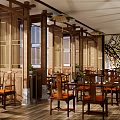Traditional Chinese Restaurant Interior With Wooden Screens And Dining Tables