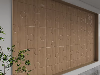 Wooden Background Wall With Puzzle Pattern And Green Plant In Interior 3d model