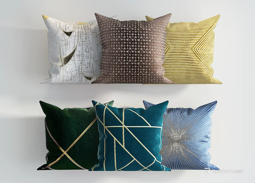 Assorted Decorative Throw Pillows with Leaf Dot Chevron and Geometric Pattern Designs 3d model