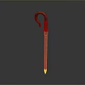 Elegant Red Curved Handle Cane With Gold Decorative Shaft And Ornate Carvings
