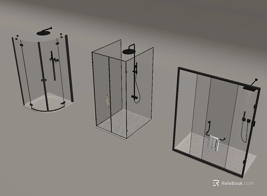 Transparent Glass Shower Partitions With Black Frames And Three Designs 3d model