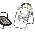 Two Baby Swing Chairs Dark Cushioned Seat and White Canopy with Hanging Toys