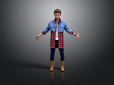 Stylish Everyday Casual Outfit With Denim Jacket Plaid Shirt Blue Pants And Brown Boots 3d model