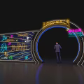 Colorful Neon Lit Archway With Welcome Sign Landscape Patterns And Person Standing