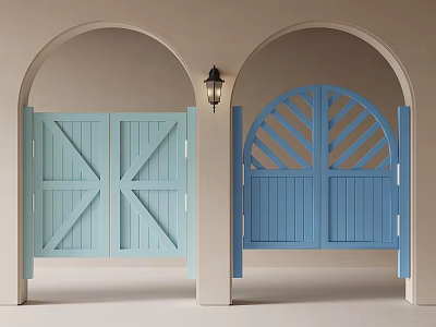Light And Navy Blue Gates In Arched Doorways With Outdoor Wall Lantern 3d model