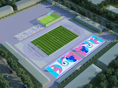 Modern Outdoor Sports Complex With Football Pitch Running Track And Vibrant Painted Public Activity Zones 3d model