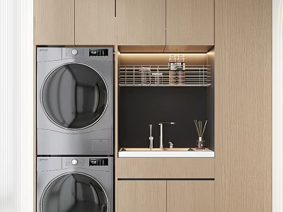 Modern Laundry Area With Stacked Washer Dryer Sink Shelf And Wooden Cabinets 3d model