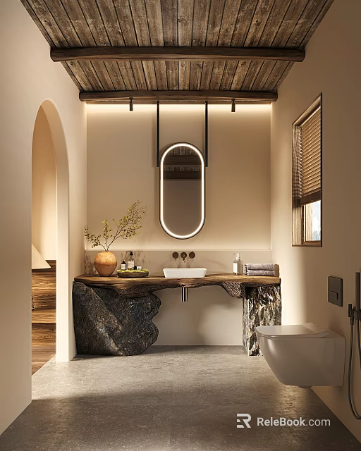 Hotel Guest Room Bathroom With Round Mirror Stone Countertop And Louvered Window 3d model 