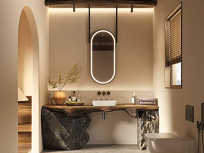 Hotel Guest Room Bathroom With Round Mirror Stone Countertop And Louvered Window 3d model