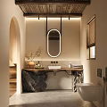 Hotel Guest Room Bathroom With Round Mirror Stone Countertop And Louvered Window