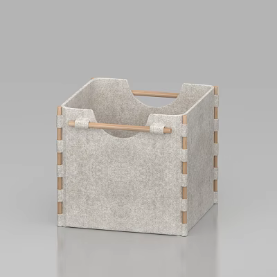 Light Gray Felt Storage Basket With Wooden Handles And Stitched Details For Home Organizing 3d model