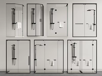 Modern Shower Heads In Different Styles Showcased In Multiple Glass Shower Enclosures 3d model