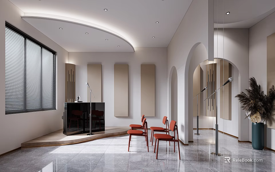 Modern School Reception Area Interior With Archways Red Chairs And Marble Floor 3d model 