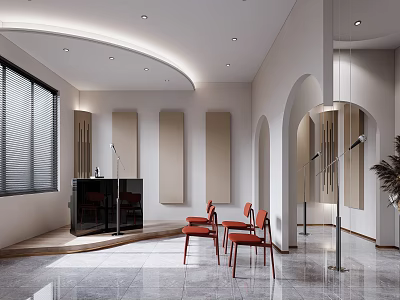 Modern School Reception Area Interior With Archways Red Chairs And Marble Floor 3d model