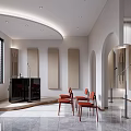 Modern School Reception Area Interior With Archways Red Chairs And Marble Floor