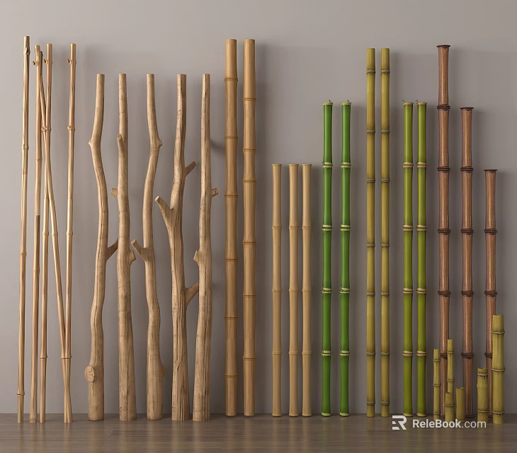 Various Types of Decorative Bamboo Poles in Natural Green and Brown Hues 3d model 