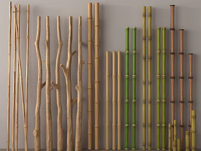 Various Types of Decorative Bamboo Poles in Natural Green and Brown Hues 3d model