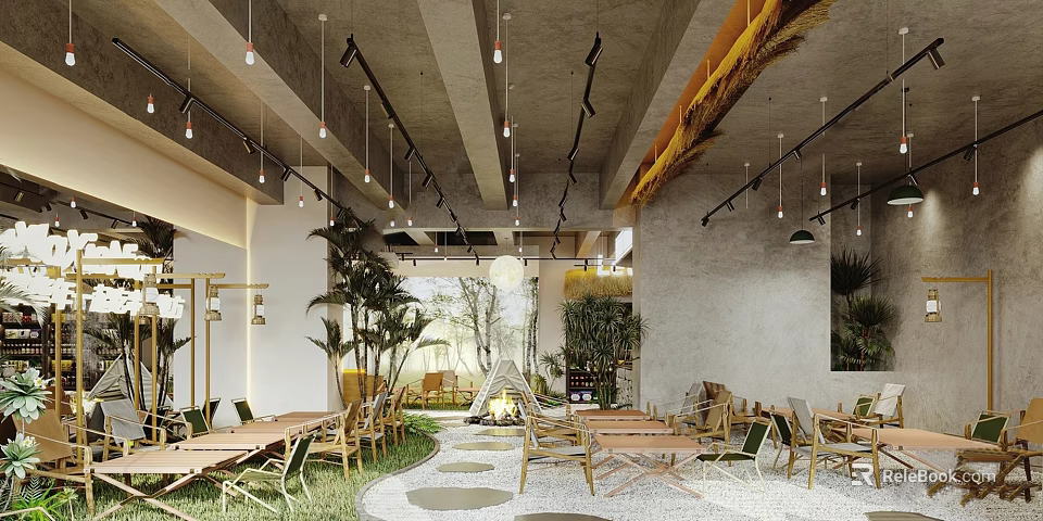 Stylish Modern Bar Interior Design Featuring Open Layout Green Plants And Hanging Lights 3d model 