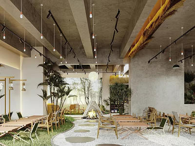Stylish Modern Bar Interior Design Featuring Open Layout Green Plants And Hanging Lights 3d model
