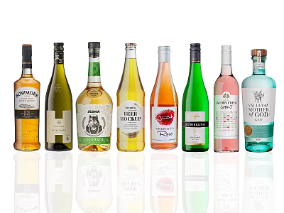 Various Wine Bottles with Colorful Labels Arranged in Row on White Background with Reflection 3d model