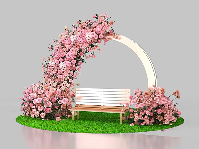 Floral Installation With Pink Flower Arch And Wooden Bench On Green Grass 3d model
