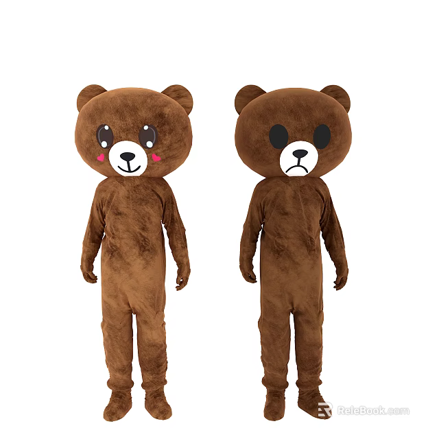 Two Brown Plush Teddy Bear Mascot Costumes With Smile Sad Expressions Pink Cheeks Black Eyes 3d model 