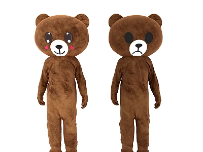 Two Brown Plush Teddy Bear Mascot Costumes With Smile Sad Expressions Pink Cheeks Black Eyes 3d model