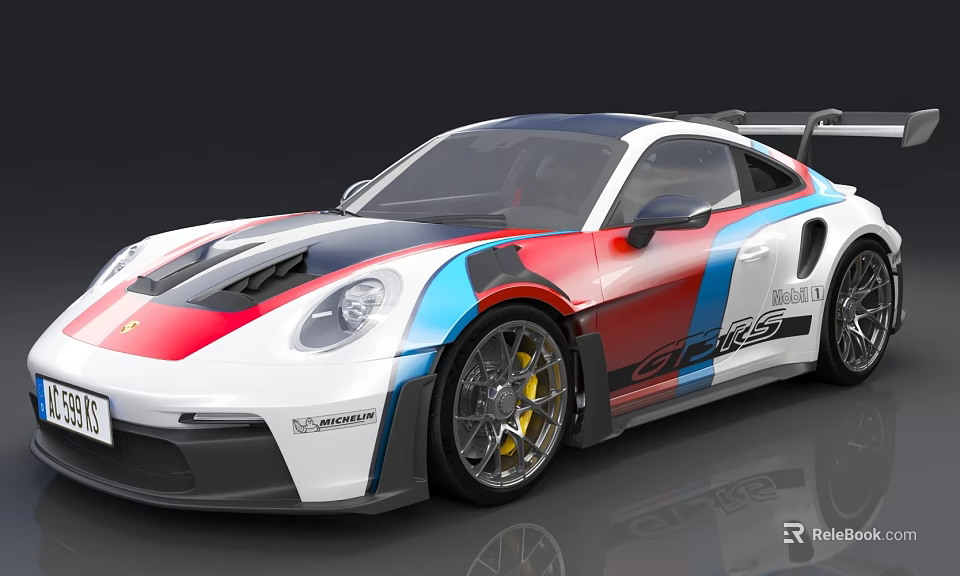 Porsche Sports Car With White Exterior Red Blue Racing Stripes Rear Spoiler And Alloy Wheels 3d model 
