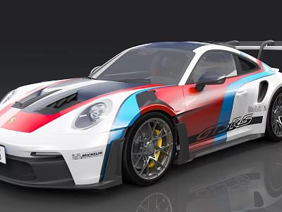 Porsche Sports Car With White Exterior Red Blue Racing Stripes Rear Spoiler And Alloy Wheels 3d model