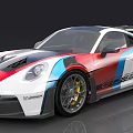 Porsche Sports Car With White Exterior Red Blue Racing Stripes Rear Spoiler And Alloy Wheels